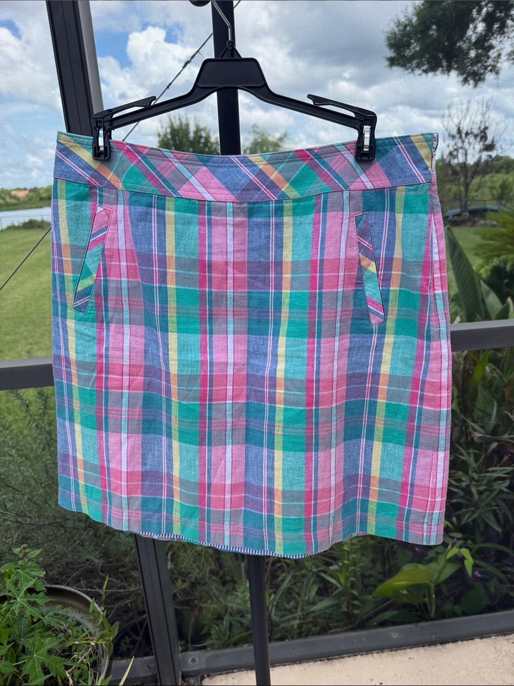 Talbots linen/cotton blend Pink, Green & Blue Plaid Midi lined Skirt